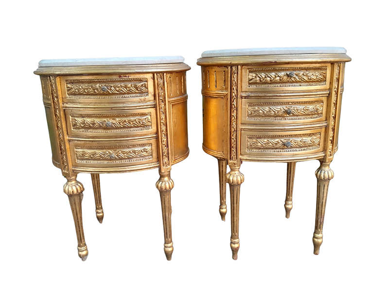 A Pair of French Style Hand-Gilded Oval Pedestals / Side Tables with Cream Marble Tops