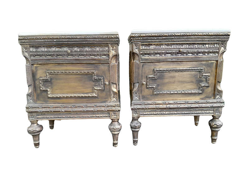A Pair of French Style Ornately Carved Giltwood Pedestals / Side Tables with Cream Marble Tops
