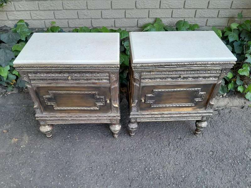 A Pair of French Style Ornately Carved Giltwood Pedestals/Side Tables with Cream Marble Tops