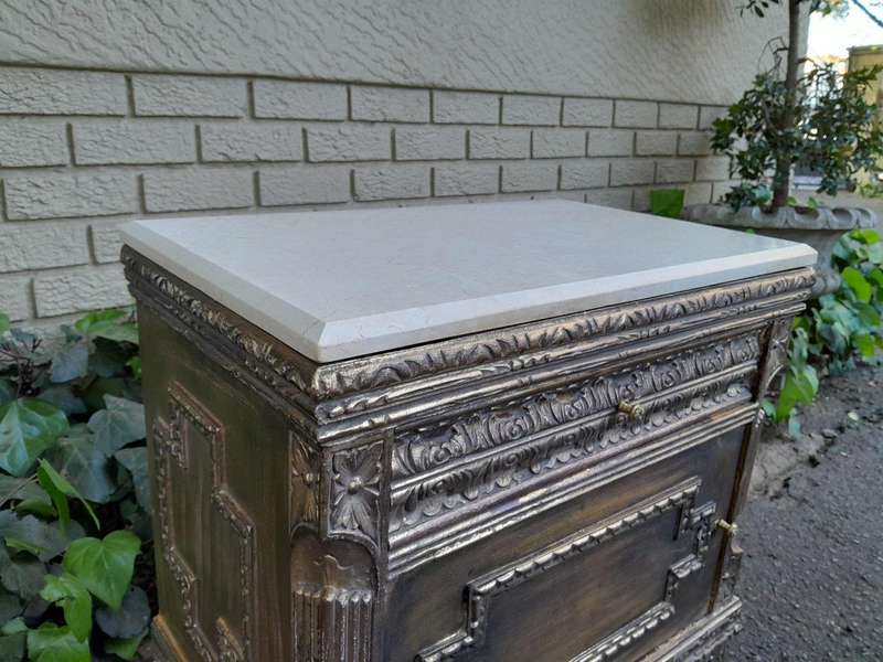 A Pair of French Style Ornately Carved Giltwood Pedestals/Side Tables with Cream Marble Tops