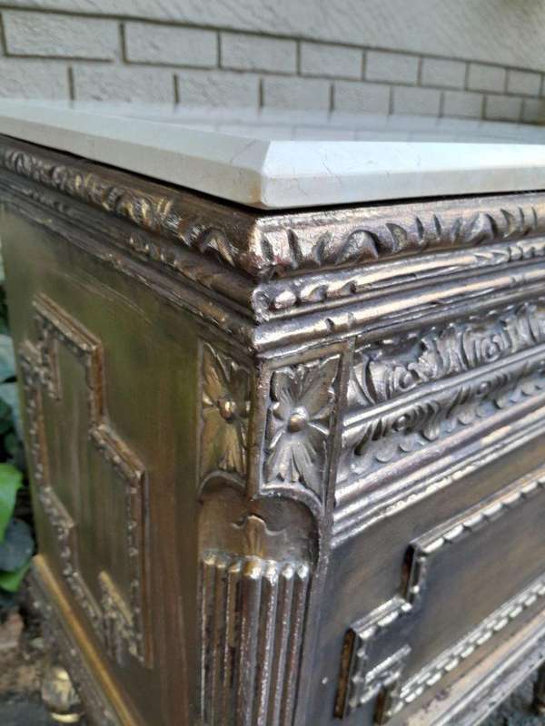 A Pair of French Style Ornately Carved Giltwood Pedestals/Side Tables with Cream Marble Tops