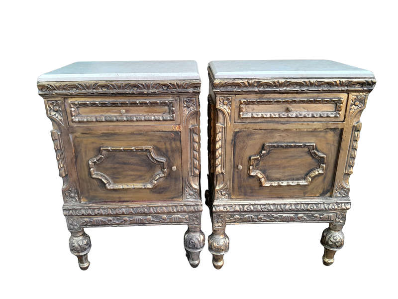 A Pair of French Style Ornately Carved Giltwood Pedestals / Side Tables with Marble Tops