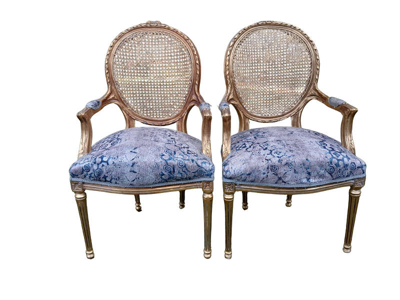 A Pair of 20th Century French Style Rattan-Back Gilded Arm Chairs