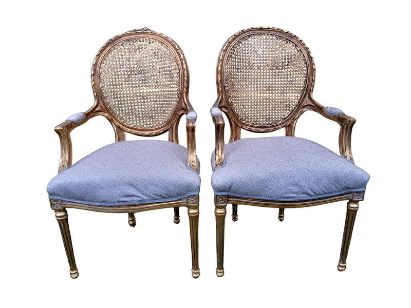 A Pair of 20th Century French Style Rattan-Back Gilded Arm Chairs