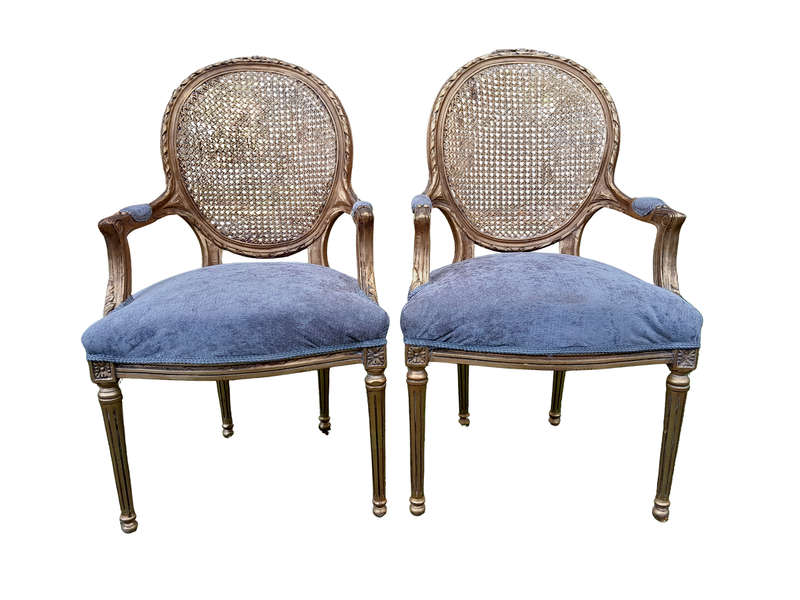 A Pair of 20th Century French Style Rattan-Back Gilded Arm Chairs