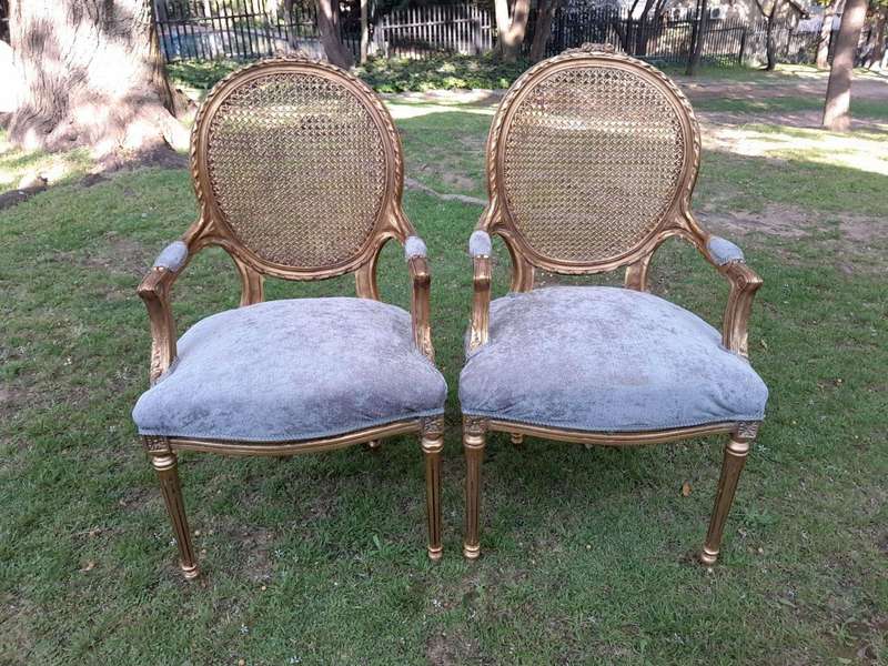 A Pair of 20th Century French Style Rattan-Back Gilded Arm Chairs
