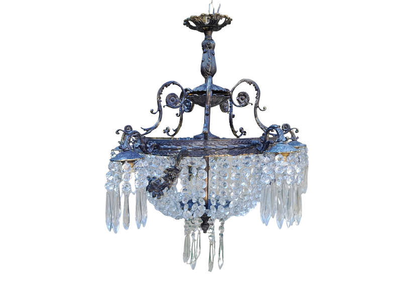 A 20th Century French Style Brass and Crystal Chandelier