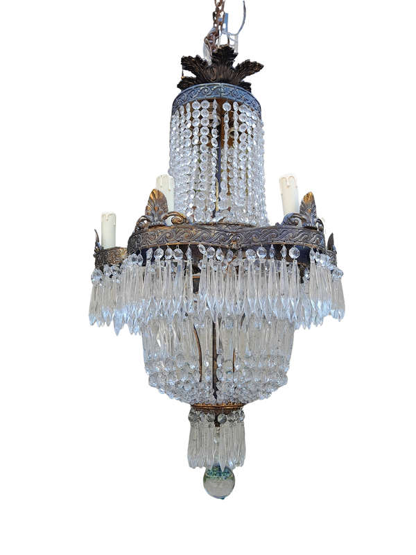 A 20th Century French Style Brass and Crystal Chandelier