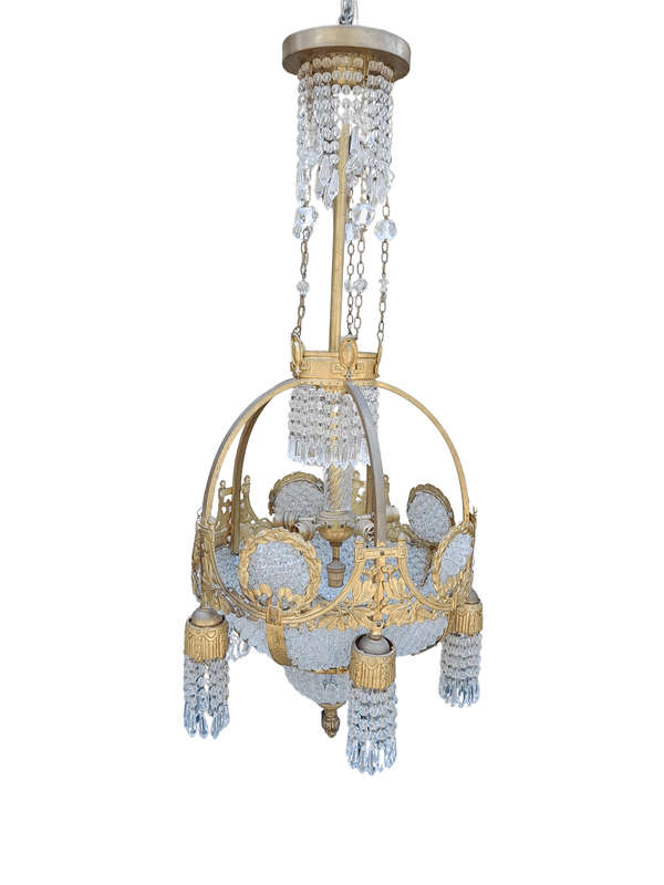 A 20th Century French Style Brass & Aged Crystal Chandelier