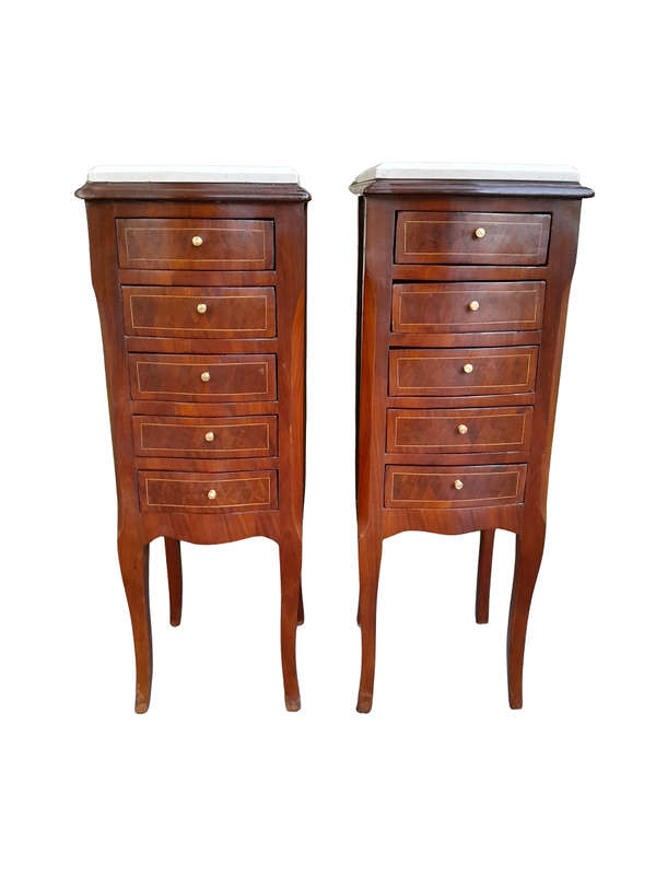 A Pair Of 20th Century French Style Walnut With Inlaid Pedestals With  Five Drawers And Cream Ma...