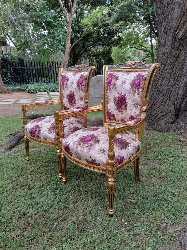 A Pair Of 20th Century French Louis XVI Styled Ornately Carved And Gilded Fautelli Chairs (variou...