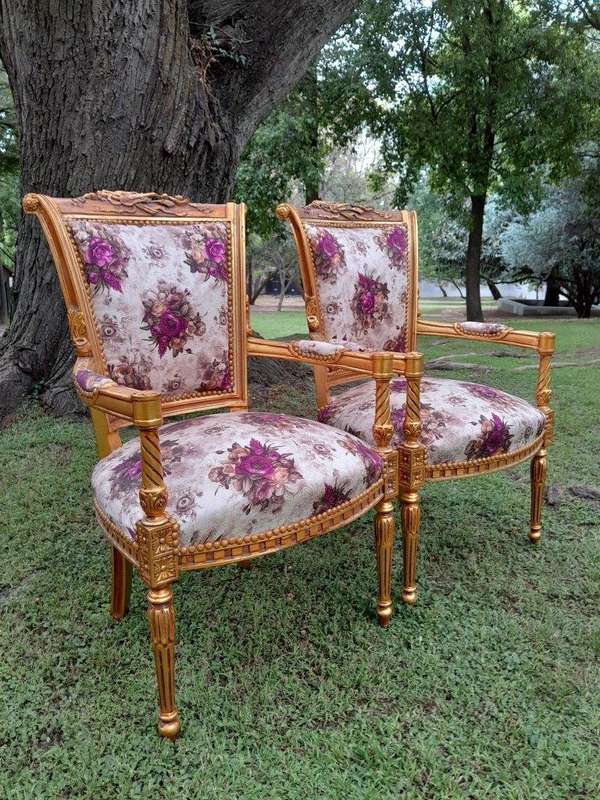 A Pair Of 20th Century French Louis XVI Styled Ornately Carved And Gilded Fautelli Chairs (variou...