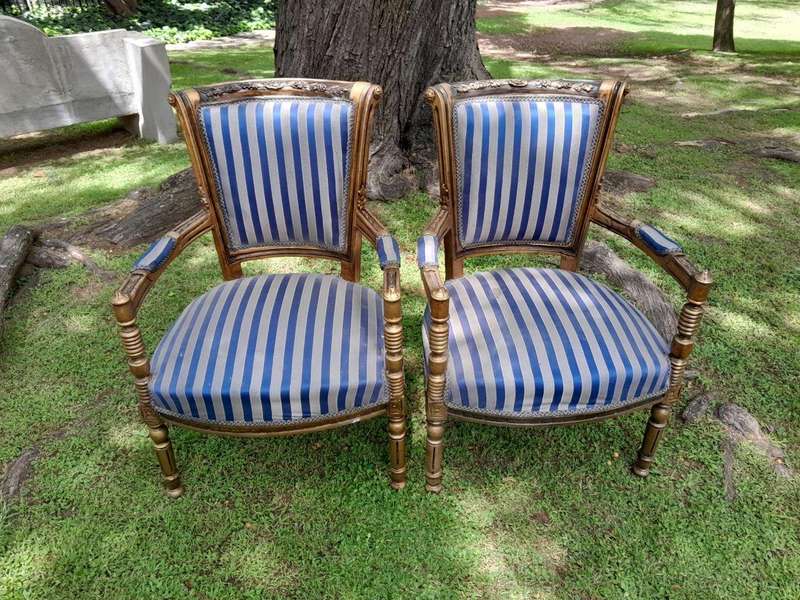 A Pair Of 20th Century French Louis XVI Styled Ornately Carved And Gilded Arm Chairs