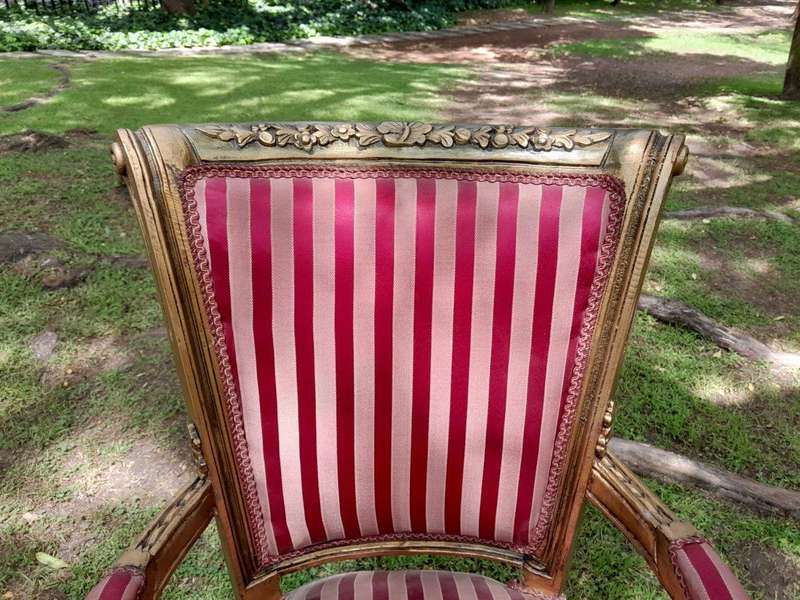 A Pair Of 20th Century French Louis XVI Styled Ornately Carved And Gilded Arm Chairs