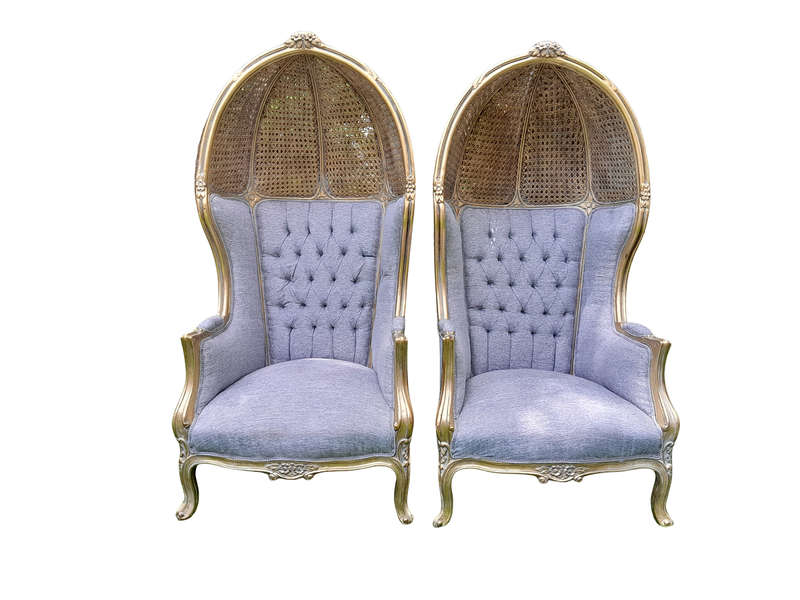 A Pair Of French Style Carved And Gilded Wood & Rattan Dome / Canopy Chairs (Dome Modelled On The...