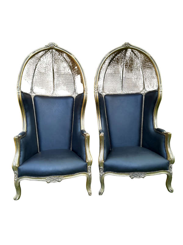 A Pair of French Style Hand Carved Wooden and Gilded Rattan Dome/Canopy Chairs Upholstered in Lea...