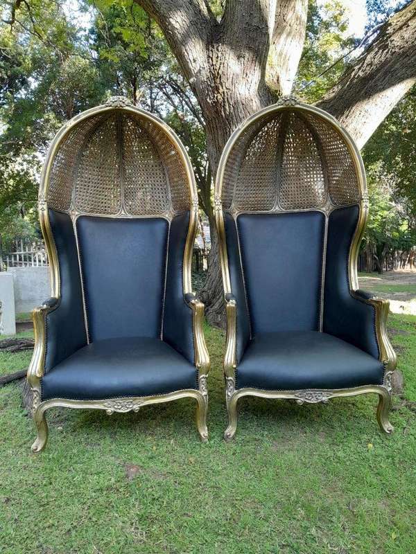A Pair of French Style Hand Carved Wooden and Gilded Rattan Dome/Canopy Chairs Upholstered in Lea...