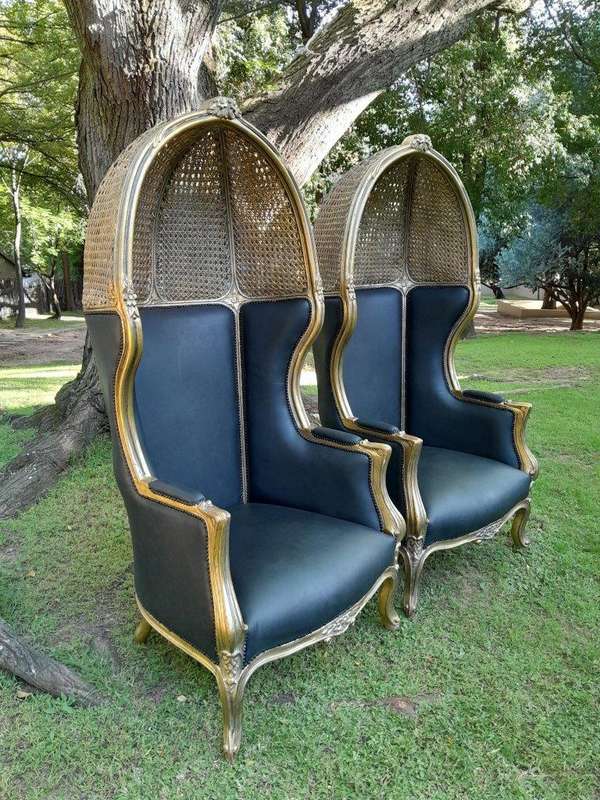 A Pair of French Style Hand Carved Wooden and Gilded Rattan Dome/Canopy Chairs Upholstered in Lea...