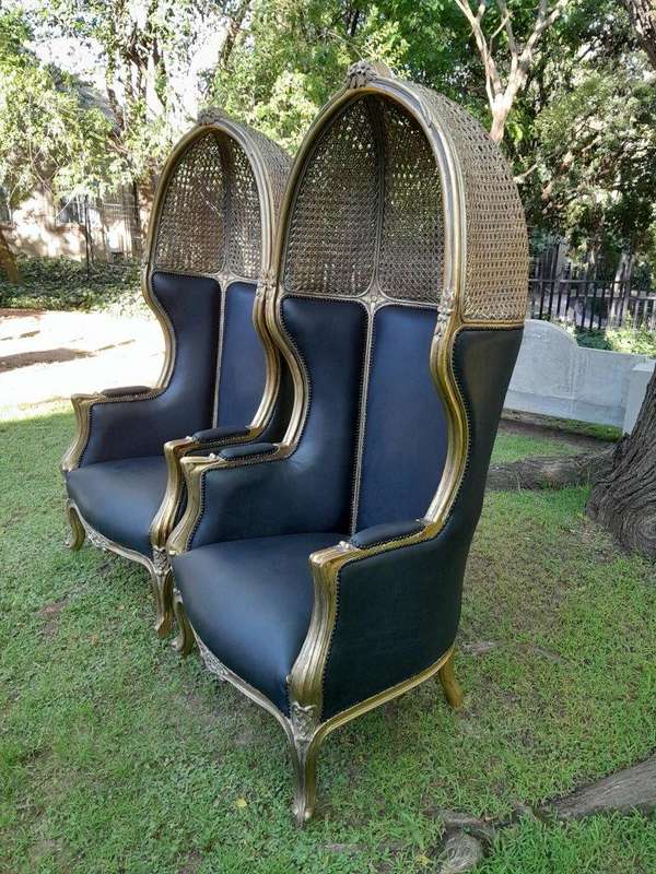 A Pair of French Style Hand Carved Wooden and Gilded Rattan Dome/Canopy Chairs Upholstered in Lea...