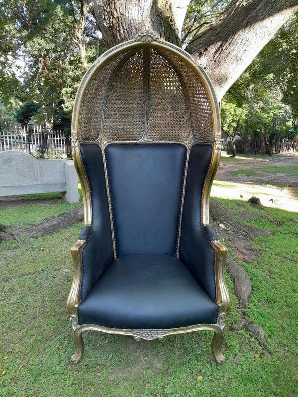 A Pair of French Style Hand Carved Wooden and Gilded Rattan Dome/Canopy Chairs Upholstered in Lea...