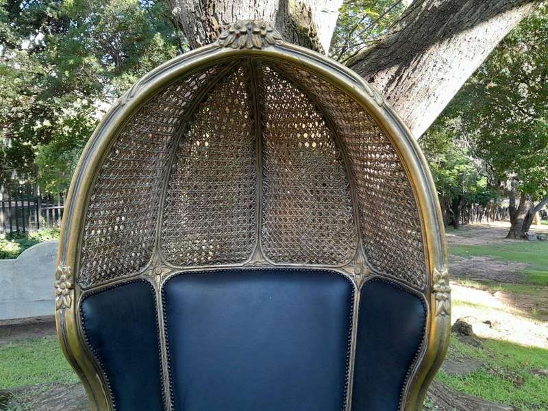 A Pair of French Style Hand Carved Wooden and Gilded Rattan Dome/Canopy Chairs Upholstered in Lea...