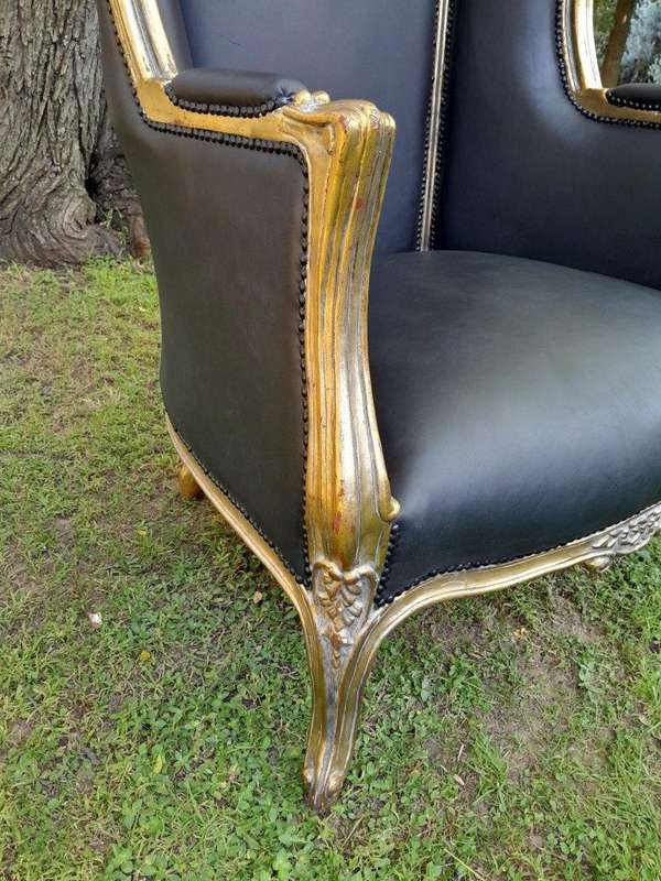 A Pair of French Style Hand Carved Wooden and Gilded Rattan Dome/Canopy Chairs Upholstered in Lea...