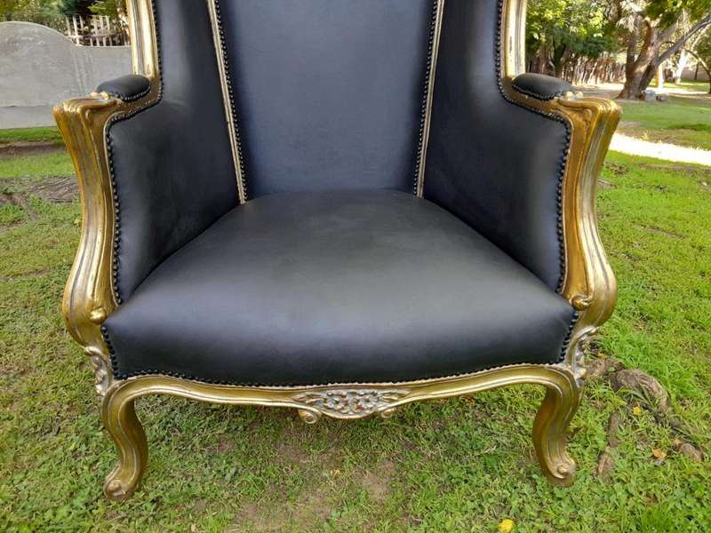 A Pair of French Style Hand Carved Wooden and Gilded Rattan Dome/Canopy Chairs Upholstered in Lea...