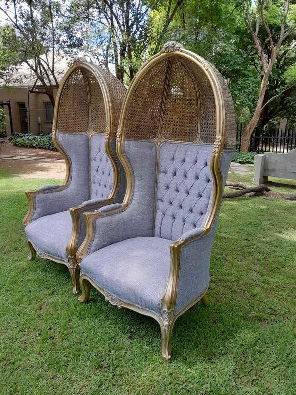 A Pair Of French Style Carved And Gilded Wood & Rattan Dome / Canopy Chairs (Dome Modelled On The...