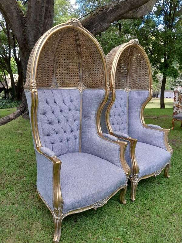A Pair Of French Style Carved And Gilded Wood & Rattan Dome / Canopy Chairs (Dome Modelled On The...