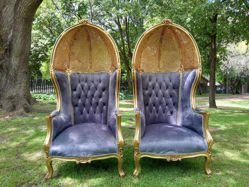 A Pair Of French Style Carved And Gilded Wood & Rattan Dome / Canopy Chairs (Dome Modelled On The...