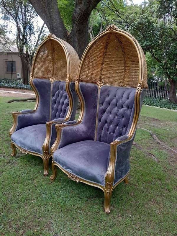 A Pair Of French Style Carved And Gilded Wood & Rattan Dome / Canopy Chairs (Dome Modelled On The...