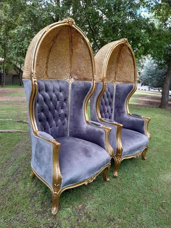 A Pair Of French Style Carved And Gilded Wood & Rattan Dome / Canopy Chairs (Dome Modelled On The...