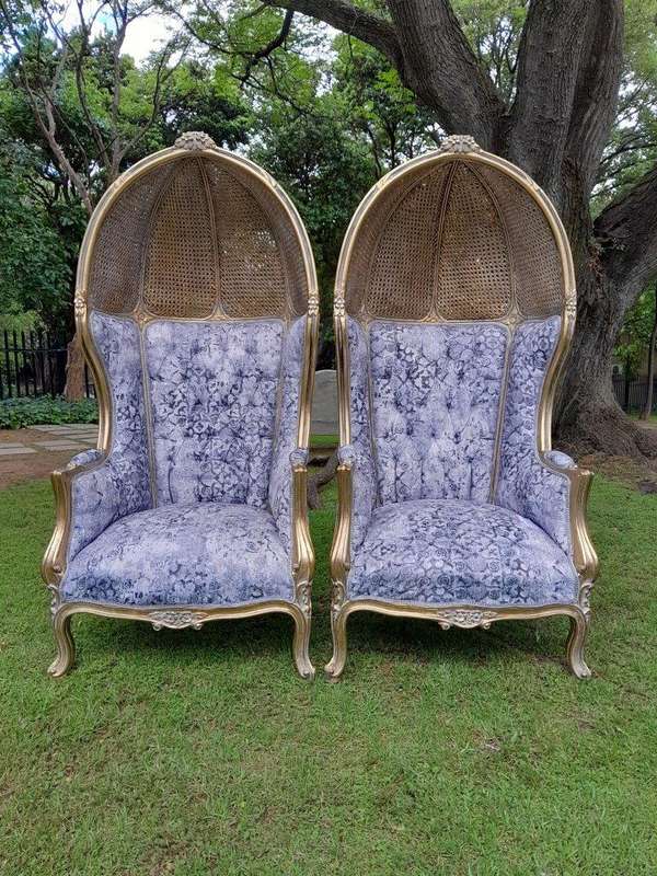 A Pair Of French Style Carved And Gilded Wood & Rattan Dome / Canopy Chairs (Dome Modelled On The...