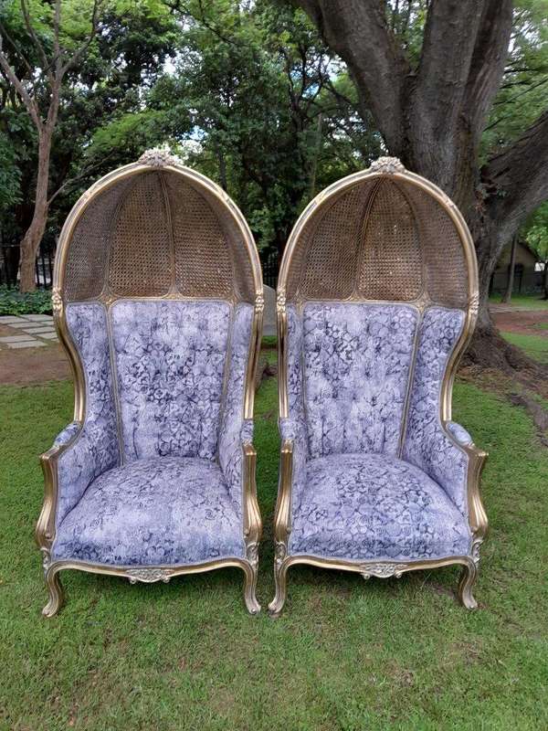 A Pair Of French Style Carved And Gilded Wood & Rattan Dome / Canopy Chairs (Dome Modelled On The...