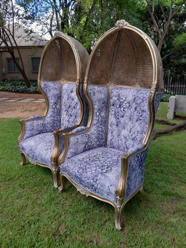 A Pair Of French Style Carved And Gilded Wood & Rattan Dome / Canopy Chairs (Dome Modelled On The...