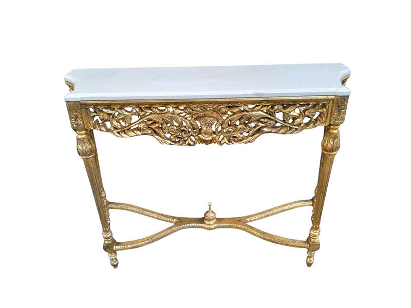 A 20th Century Ornately Carved And Hand-Gilded Console Table With Marble Top