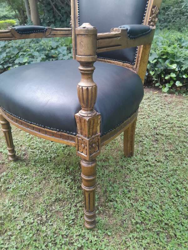 A 20th Century French Louis XVI Styled Ornately Carved And Gilded Arm Chair upholstered in black ...