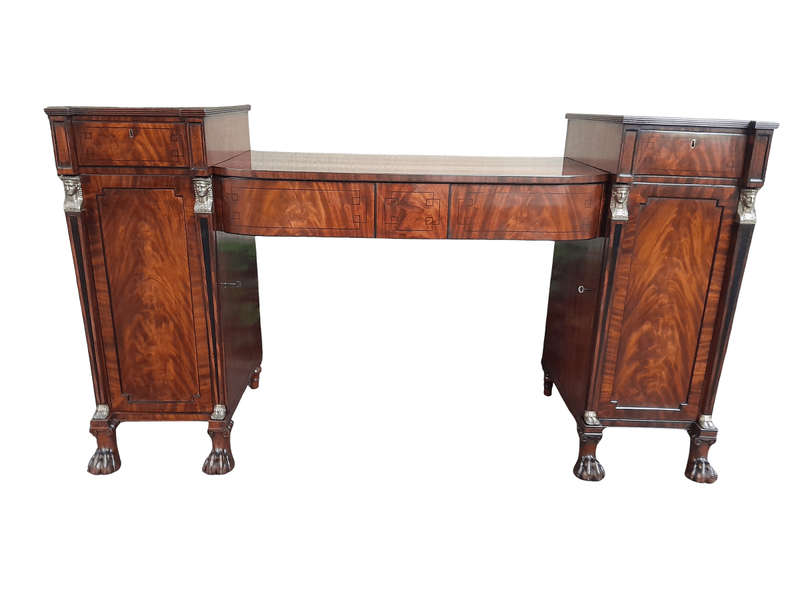 A George III Circa 1820 Mahogany / Flame Mahogany With Parcel Gild Sideboard With Two Cellarette ...