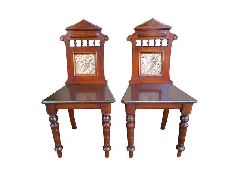 A 19th Century/Circa 1880 Pair Of Victorian Aesthetic Movement Mahogany And Tiled Hall Chairs (Us...