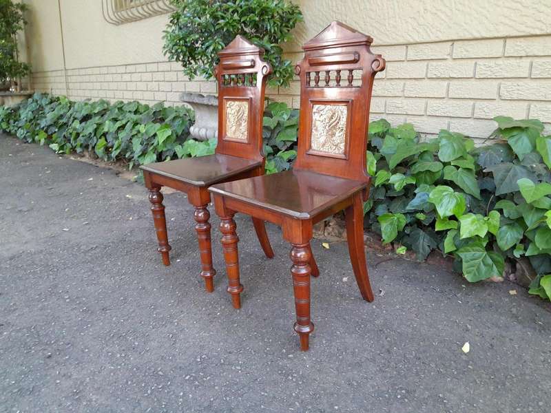 A 19th Century/Circa 1880 Pair Of Victorian Aesthetic Movement Mahogany And Tiled Hall Chairs (Us...