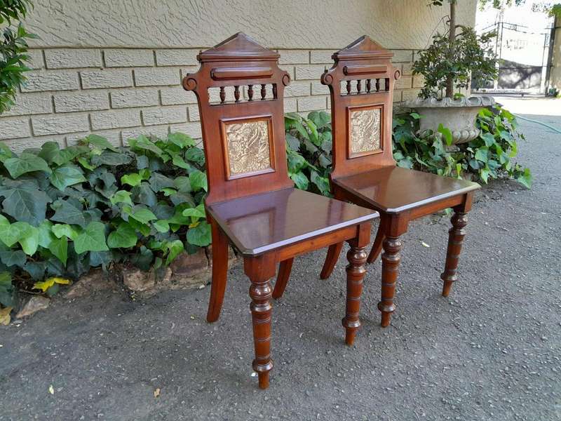 A 19th Century/Circa 1880 Pair Of Victorian Aesthetic Movement Mahogany And Tiled Hall Chairs (Us...