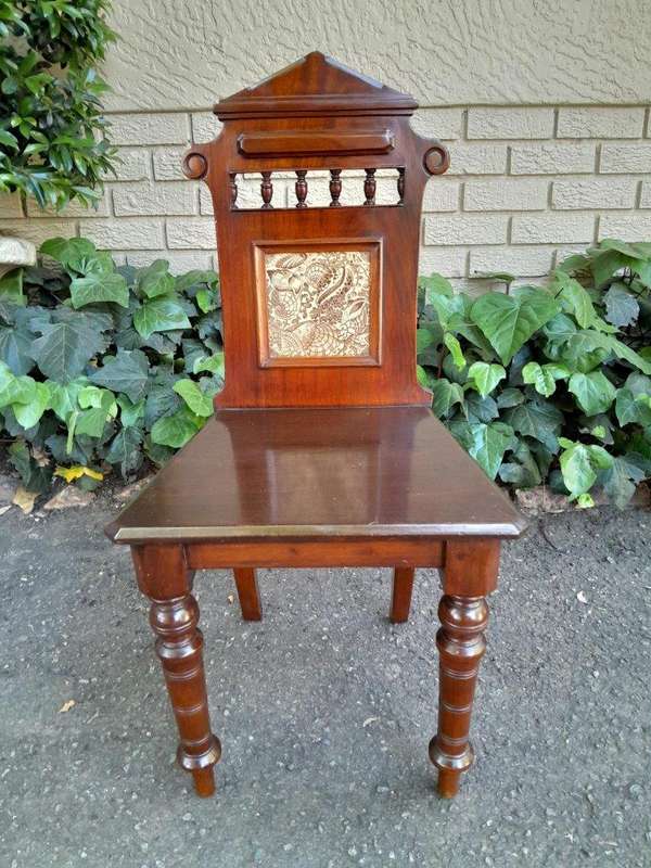 A 19th Century/Circa 1880 Pair Of Victorian Aesthetic Movement Mahogany And Tiled Hall Chairs (Us...