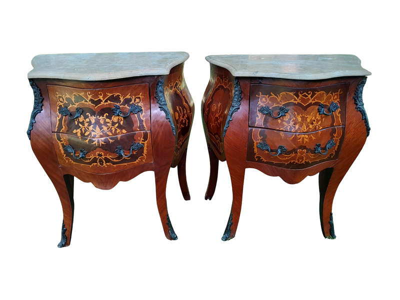 A 20th Century Pair Of French Style Inlaid Mahogany Pedestals With Drawers And Marble Tops