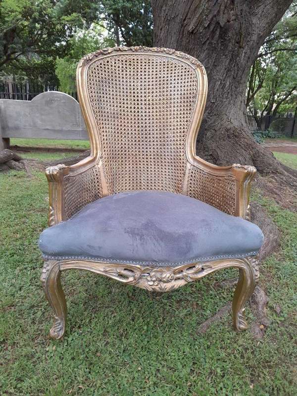 A 20th Century Pair Of French Style Rattan High Back Armchairs Hand Gilded
