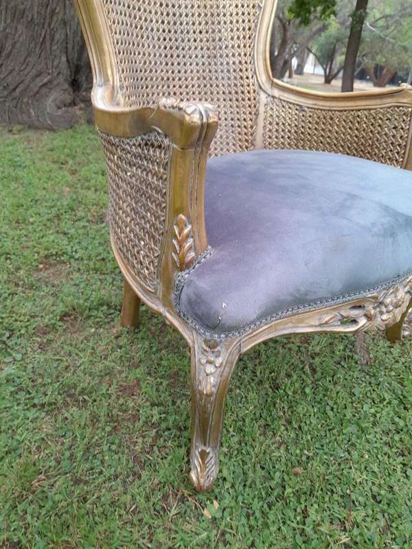 A 20th Century Pair Of French Style Rattan High Back Armchairs Hand Gilded