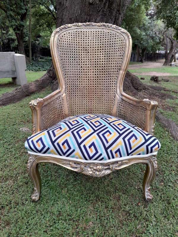 A 20th Century Pair Of French Style Rattan High Back Armchairs Hand Gilded