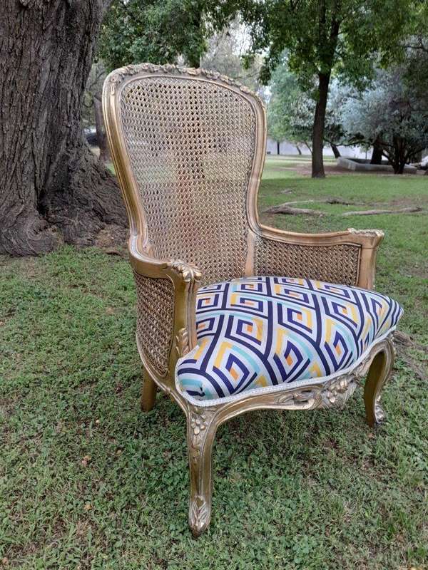 A 20th Century Pair Of French Style Rattan High Back Armchairs Hand Gilded
