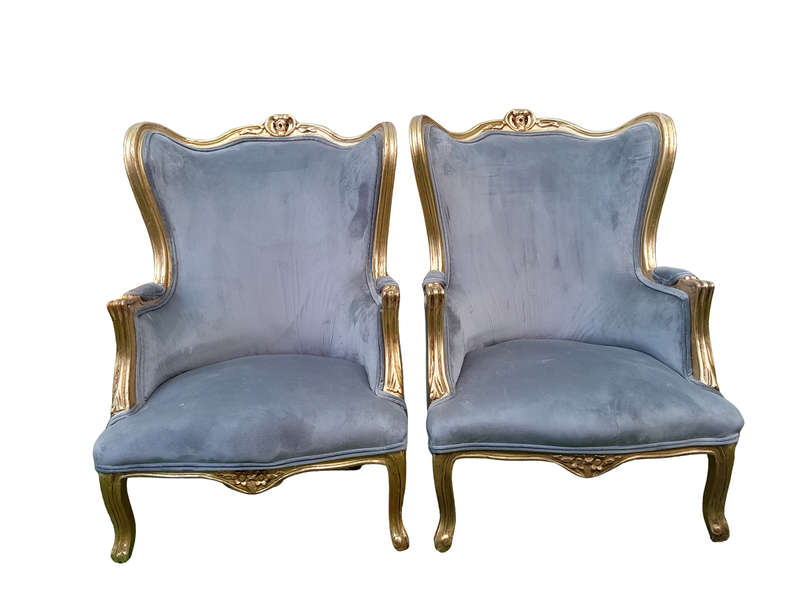 A Pair Of French Style Carved Wooden Wingback Armchairs