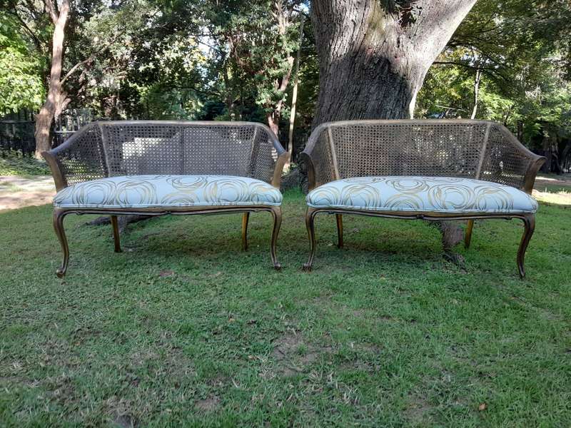 A Pair of French Style Carved and Gilded Wooden and Rattan Settees Upholstered in a Custom-Made L...