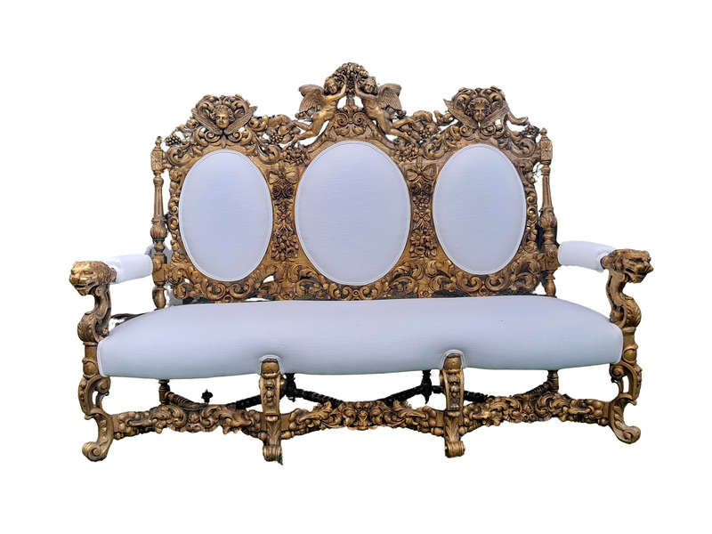 A 19th Century Ornately Carved Walnut Wood Settee Hand Gilded With Gold Leaf And Upholstered In A...